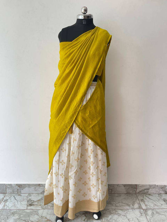 lime green and cream dhavani set