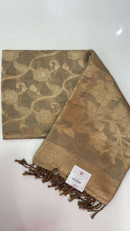 Semi Banarasi Silk saree with intricate floral design and golden brown color, perfect for occasion and party wear.