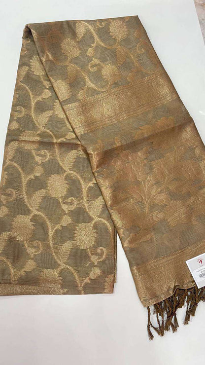 Semi Banarasi Silk saree with intricate gold floral patterns and traditional woven border, perfect for occasion and party wear.