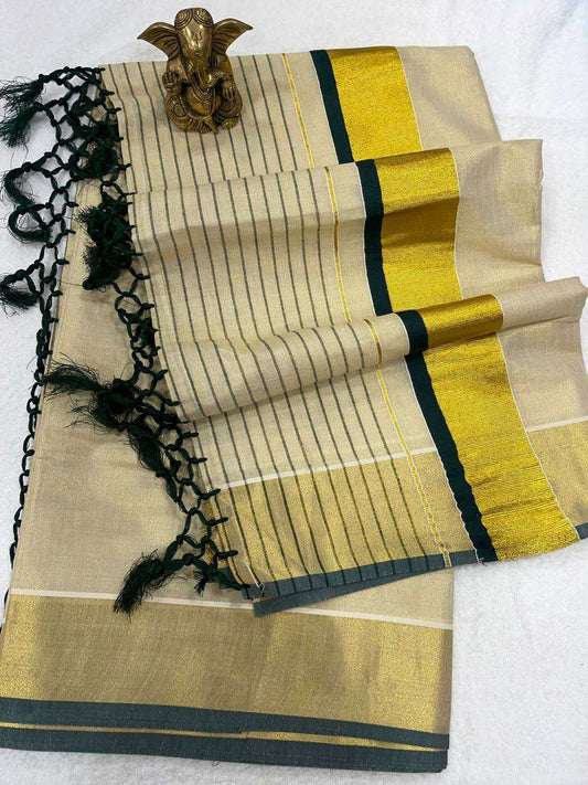 Tissue Set Saree with Kasav and Green Border – A Blend of Tradition and Grandeur