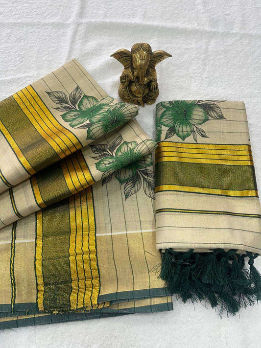 Tissue Set Mund Green Hibiscus Design with Kasav 2.80m