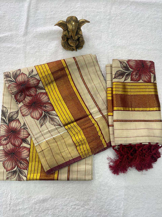 Tissue Set Mund Red Hibiscus Design with Kasav 2.80m – A Symbol of Elegance and Tradition