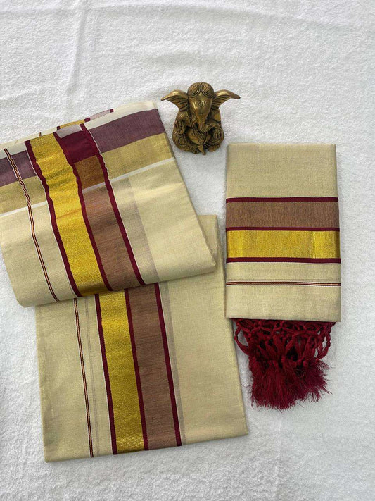 Tissue Set Mund with Maroon and Kasav Stripes 2.80m – A Classic Kerala Treasure