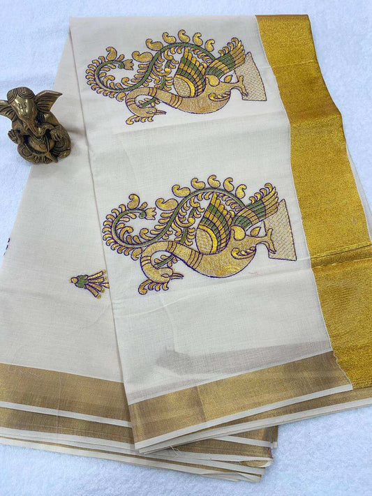 Cotton Set Saree with Golden with Green Peacock Designs and Gold Border