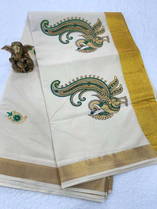 Set Saree with Green and Gold Peacock Embroidery