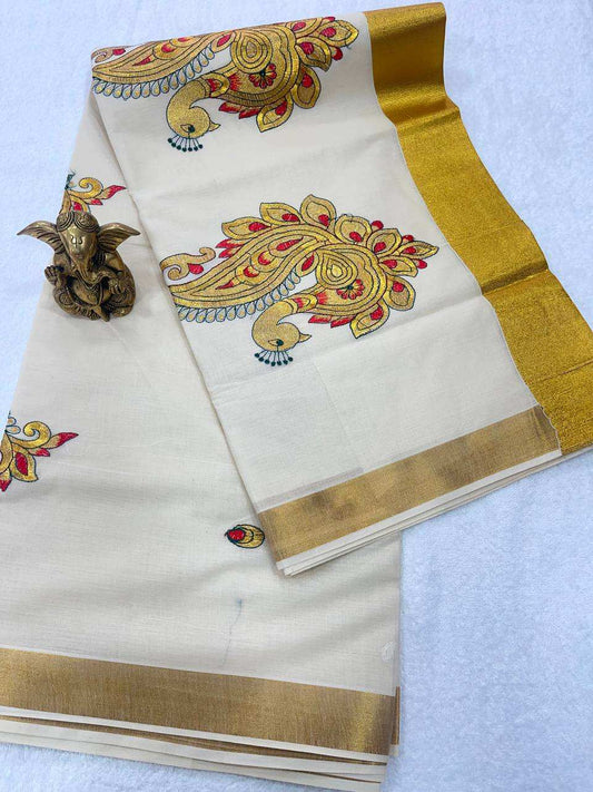 Set Saree with Red and Gold Peacock Embroidery
