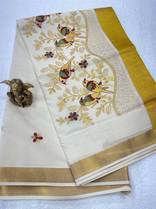 Set Saree with Green and Gold Birds Embroidery
