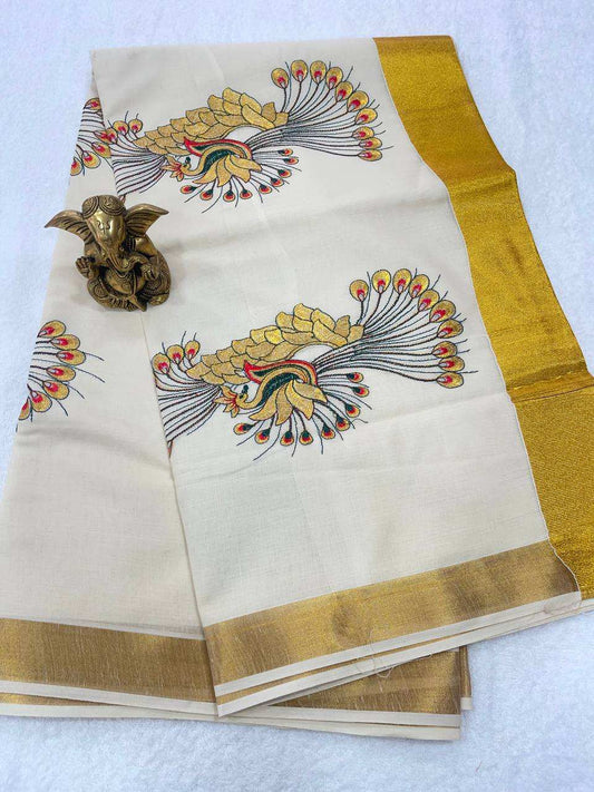 Set Saree with Golden Peacock Embroidery with Golden Border