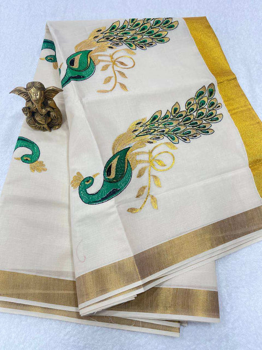 Cotton Set Saree with Green Peacock Designs and Gold Border – A Timeless Classic