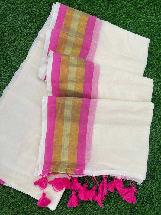 Mul Cotton Onam Saree – Pink and Kasav Border &amp; Tassels in Cream Shade