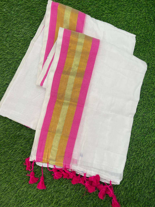 Mul Cotton Onam Saree – Pink with Kasav Border & Elegant Tassels