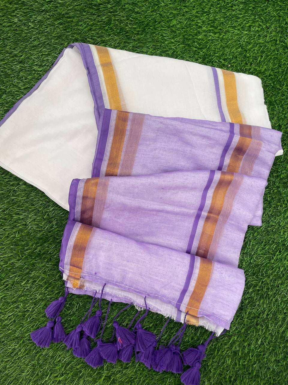 Mul Cotton Onam Saree – Lavender Pallu with Kasav Border &amp; Tassels