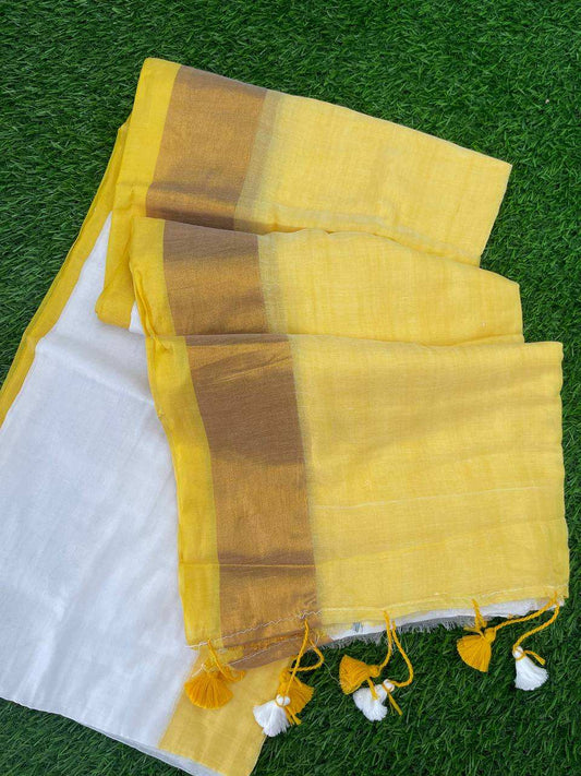Mul Cotton Onam Saree – Yellow with Kasav Border & Tassels