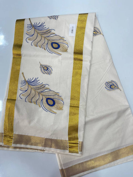 Set Saree | Cotton | Mayilpeeli Embroidery and Golden Zari Boarder