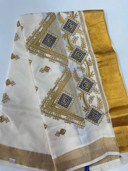Set Saree | Cotton | Golden Embroidery and Golden Zari Boarder