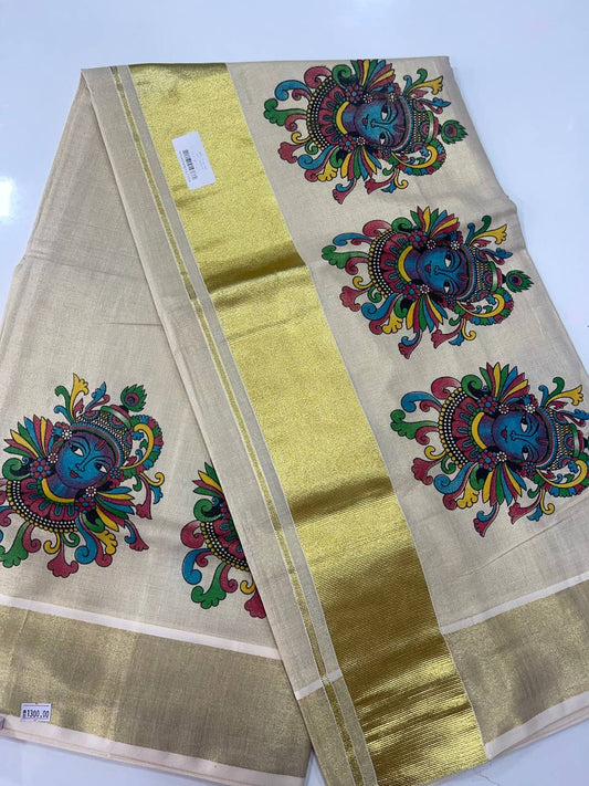 Set Saree | Tissue | Krishna painting and Golden Zari Boarder