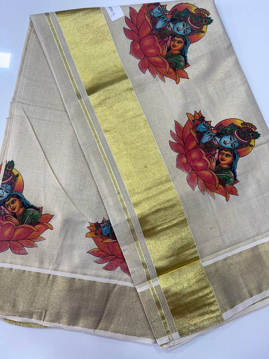 Set Saree | Tissue | Krishna Radha painting and Golden Zari Boarder