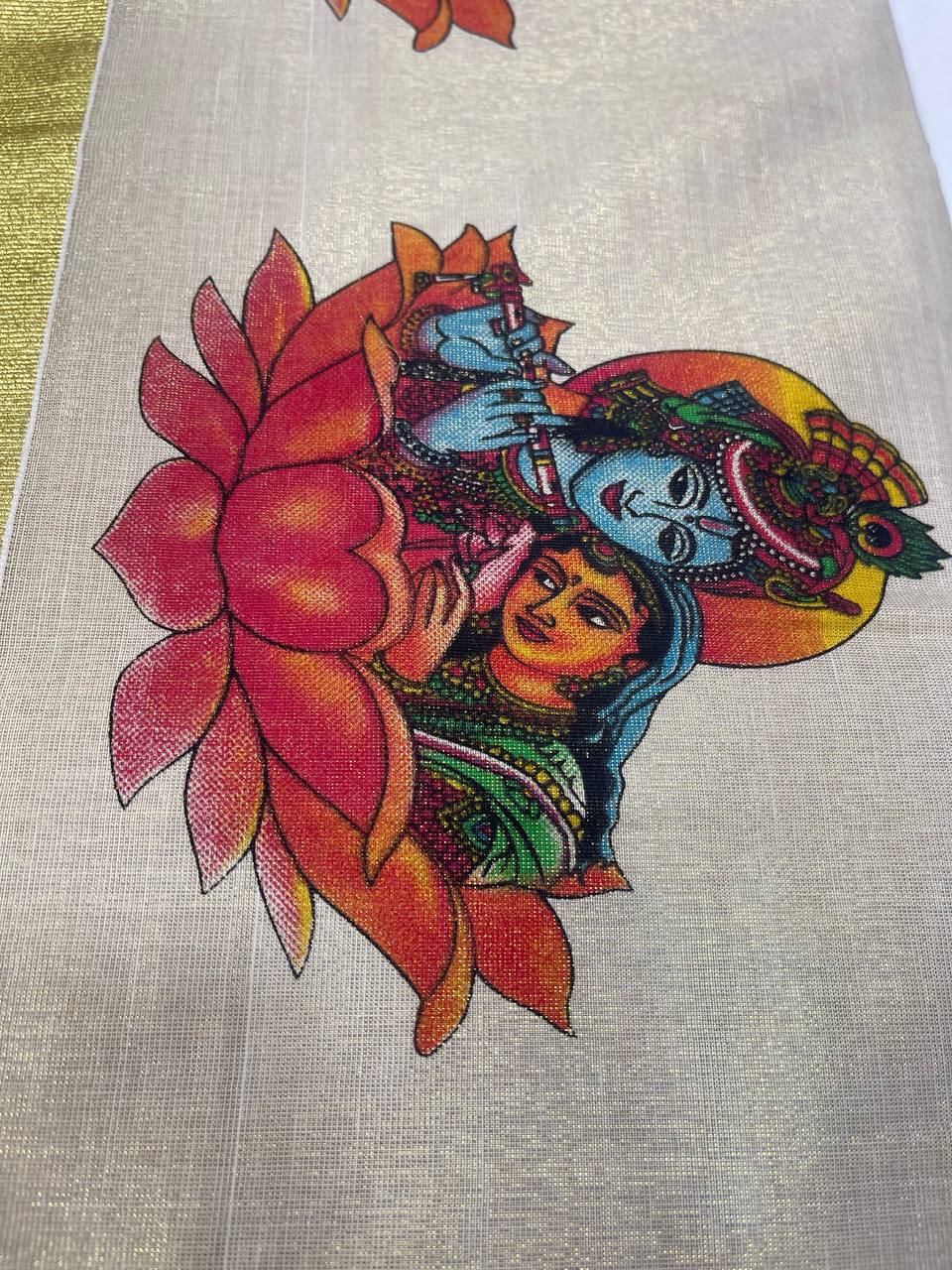 Set Saree | Tissue | Krishna Radha painting and Golden Zari Boarder