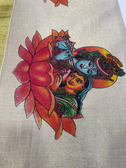 Set Saree | Tissue | Krishna Radha painting and Golden Zari Boarder