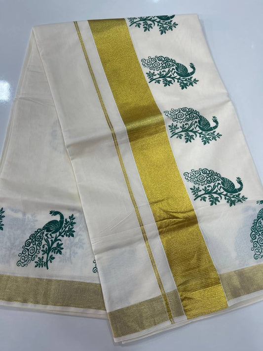 Set Saree | Cotton | Peacock Design and Golden Zari Boarder