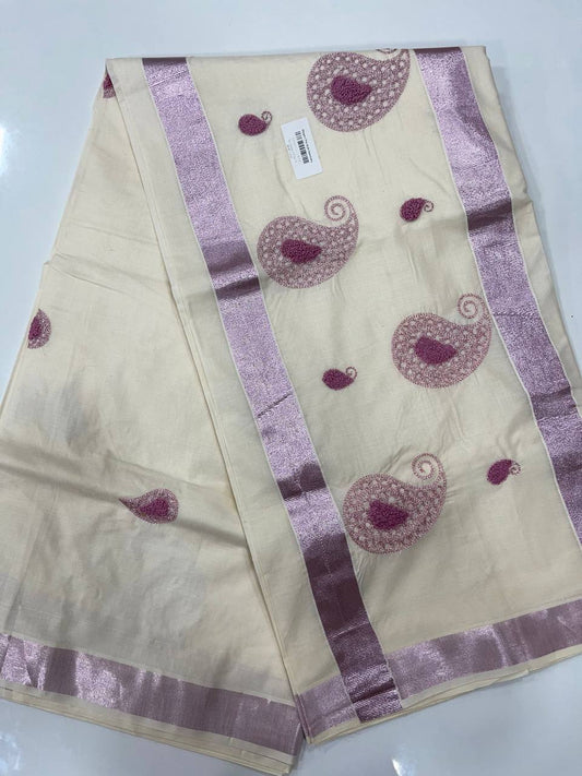 Set Saree | Cotton | Rose Zari Boarder with embroidery work