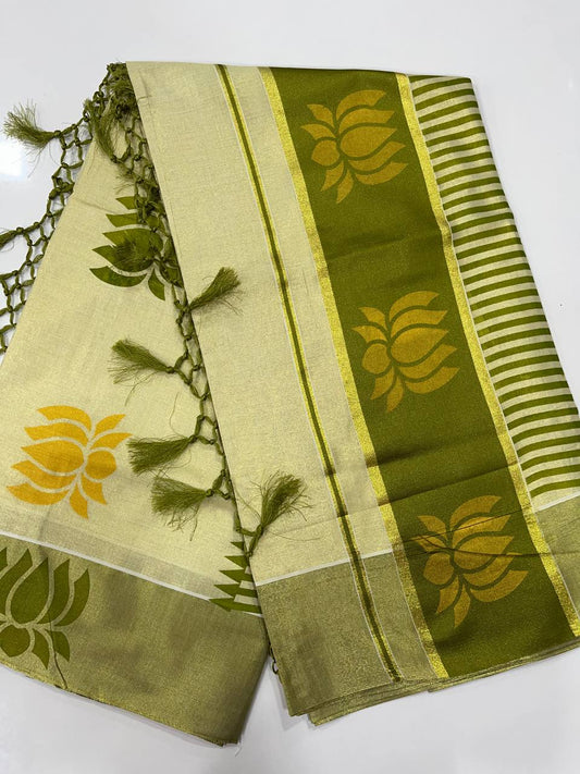 Set Saree | Tissue | Lotus Design Mural Print border