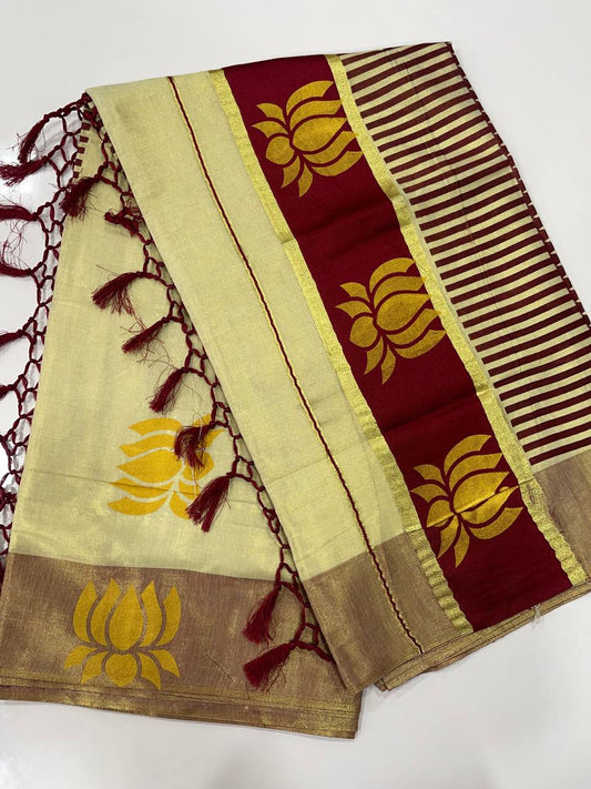 Set Saree | Tissue | Lotus Design Mural Print border