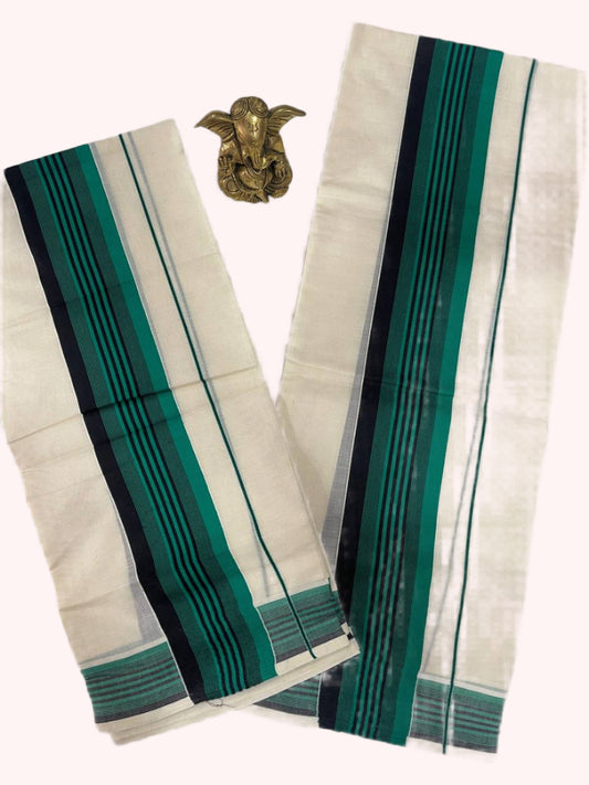 White saree with green and black stripes on a white background