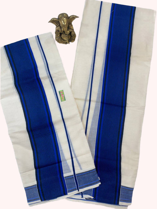 White saree with blue stripes and a decorative item on a white background