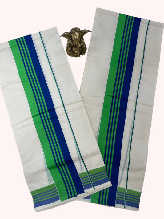 Two white sarees with green and blue stripes on a white background