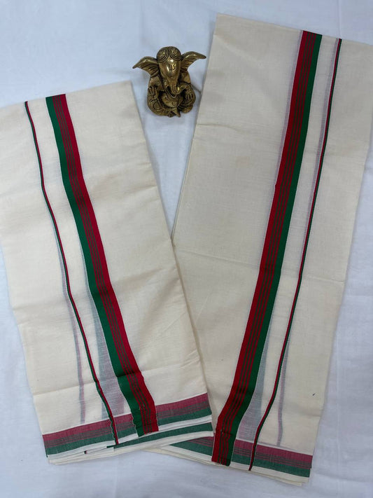 White saree with red and green stripes on a white background