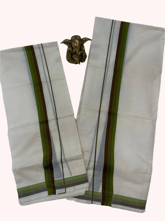 White saree with green and brown stripes on a white background