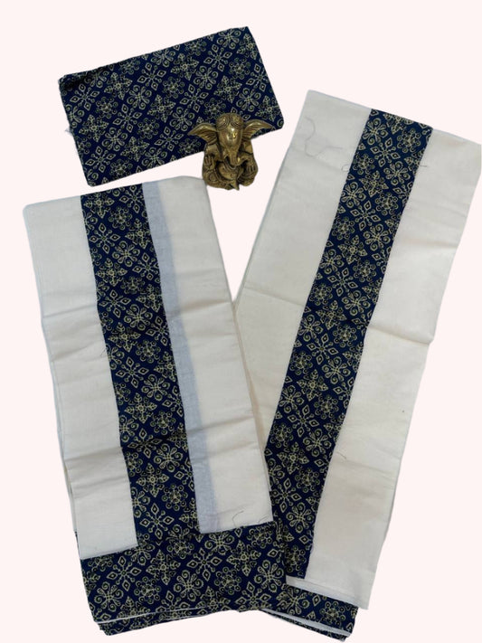 Saree with blue and gold patterns on a white background