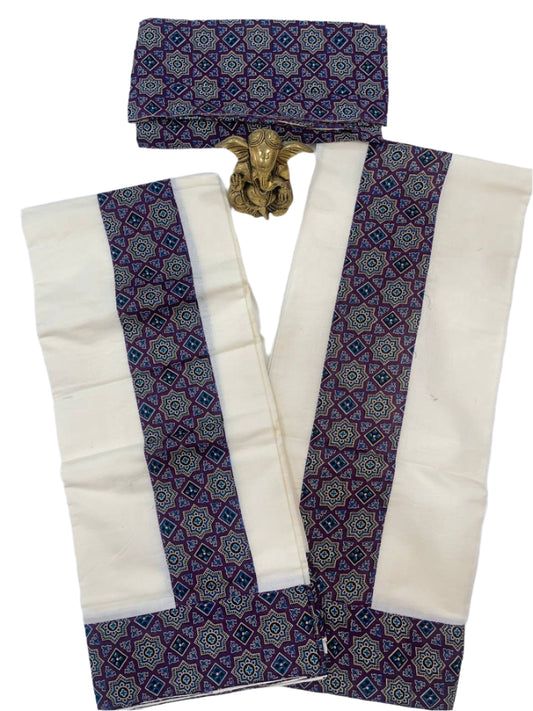 Traditional fabric with purple and white pattern, gold decorative item, and white cloth on a white background