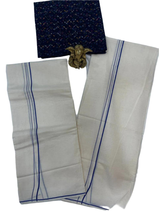 Traditional Blue eerkilikkara Set Mundu in pure cotton with blue border and matching unstitched blouse fabric